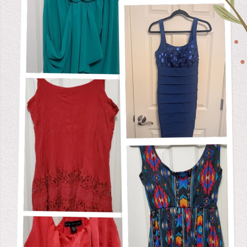 Y2K 5 Dress Bundle, Medium, Burnt Red, Kelly Green, Royal Blue, Pink, and Multi
